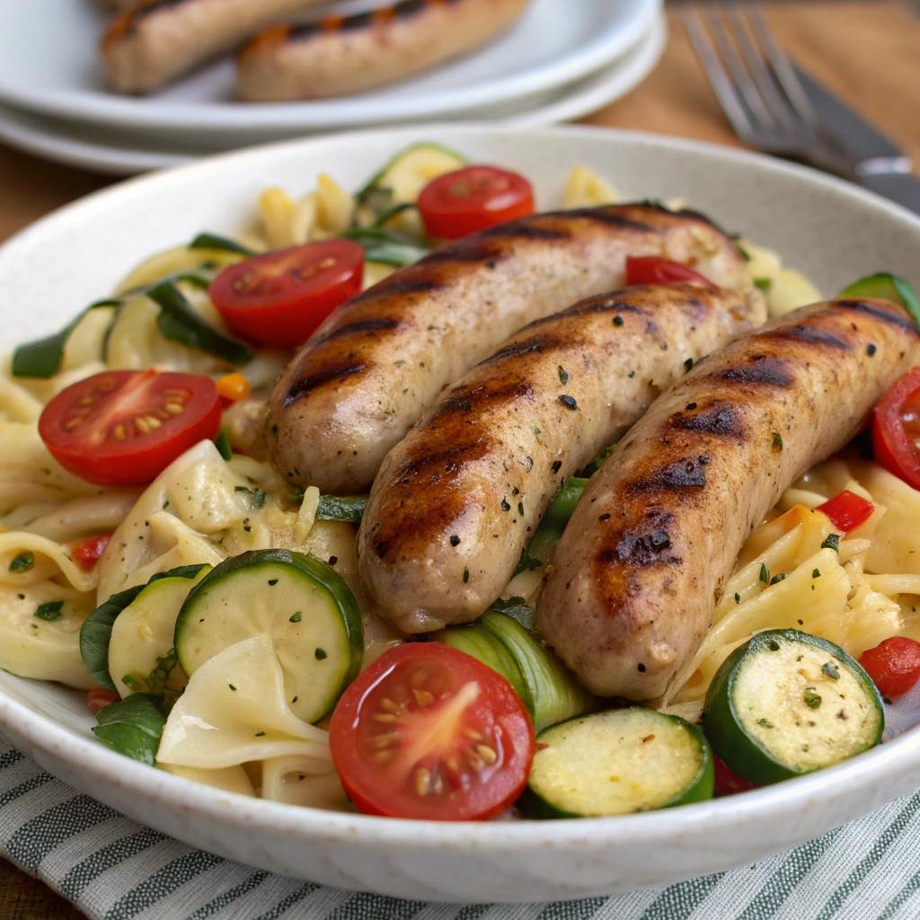 Chicken Sausages with Zucchini, Tomatoes & Pasta – One-Pan Perfection!